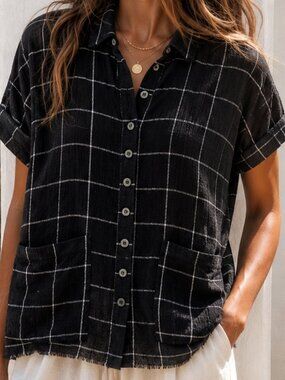 lira black windowpane gauze cotton button front camp shirt oversized pockets med